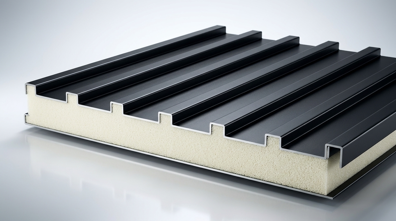 Panel Alpanel sección transversal mostrando núcleo PU y chapa H26